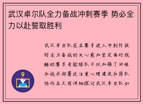 武汉卓尔队全力备战冲刺赛季 势必全力以赴誓取胜利