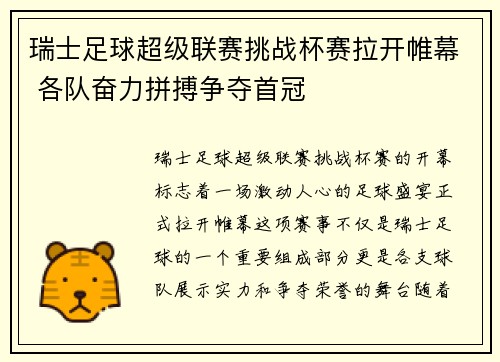 瑞士足球超级联赛挑战杯赛拉开帷幕 各队奋力拼搏争夺首冠