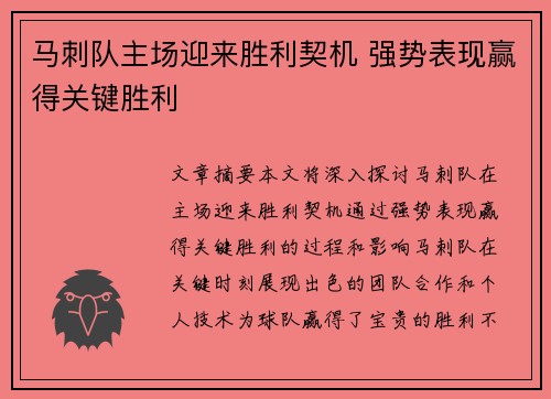 马刺队主场迎来胜利契机 强势表现赢得关键胜利